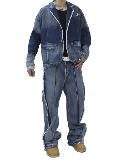 Men's Frayed Jacket and Wide-Leg Pants Set