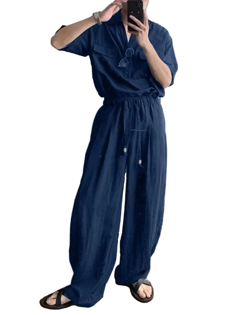 Men's Short-Sleeve Top and Wide-Leg Pants Set