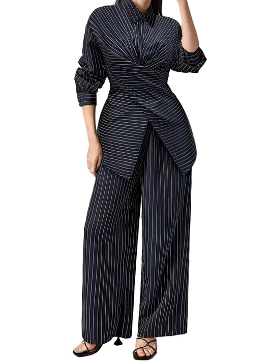Women's Striped Top and Wide-Leg Pants Set