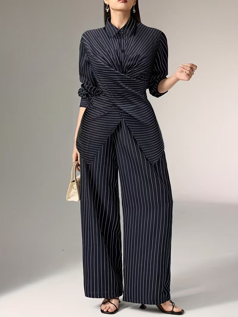 Women's Striped Top and Wide-Leg Pants Set