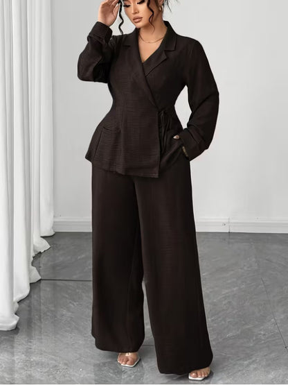 Women's Wrap-Top and Wide-Leg Pants Set