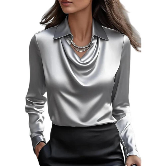 Women's Long-Sleeve Collared Blouse with Draped Neckline-Blouses for Women-Calyray
