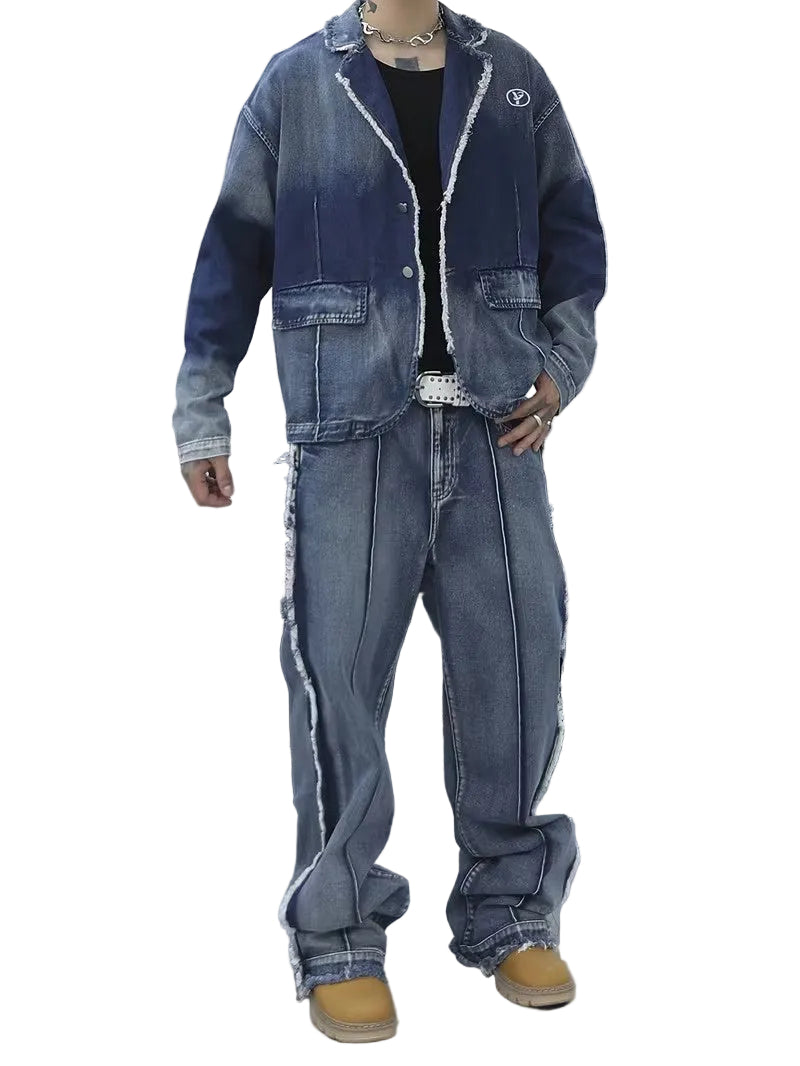 Men's Frayed Jacket and Wide-Leg Pants Set-Sets for Men-Calyray